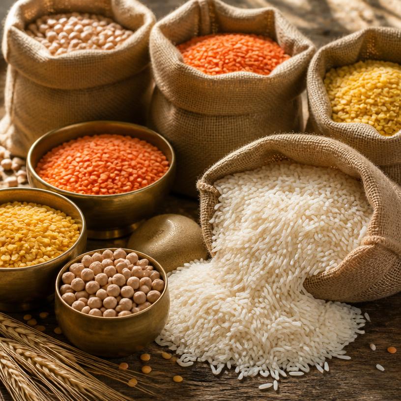 Premium basmati rice and organic lentils in burlap bags
