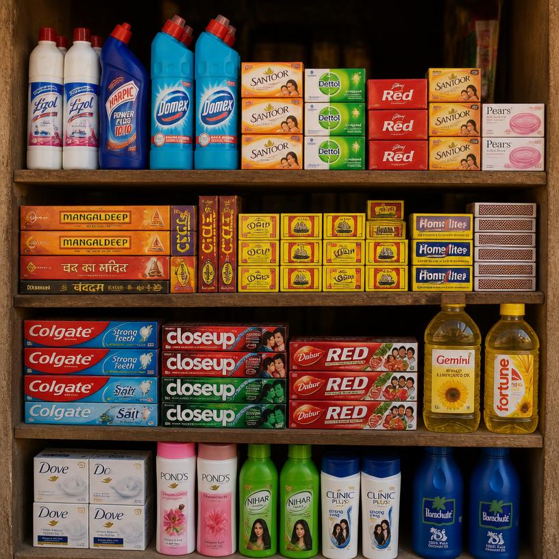Classic household cleaning supplies and daily utility items