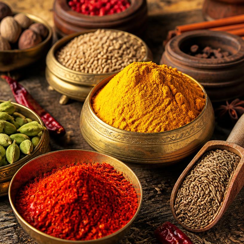 Baskets of vibrant Indian spices including turmeric, chili, and cumin